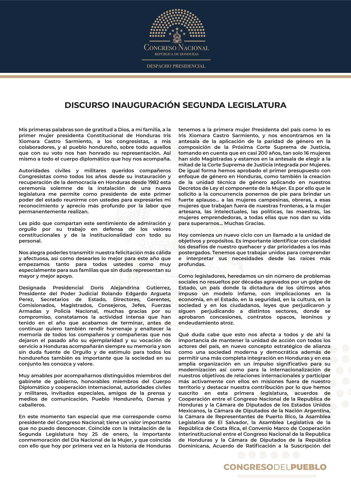 Discurso del Presidente Luis Rolando Redondo Guifarro en la instalación de la Segunda Legislatura del Congreso Nacional.